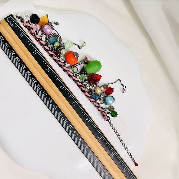 Art Glass Dangle Charm Bracelet Faux Pearl Leather Rhinestone Dangle Green Orang - Picture 9 of 9